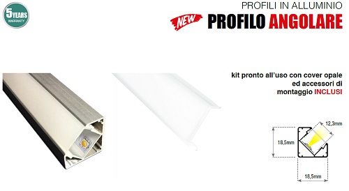 Profilo Alluminio Angolare 2mt completo di cover Opaca, Tappi e Clip